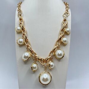 Chunky Gold Tone Chain Faux Pearl Charm Statement Necklace Adjustable